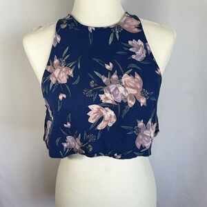 Talula Navy Blue & Pink Floral Cropped Tank Top Size Medium